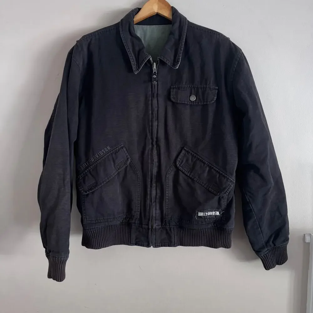 Harley Davidson Reversible Embroidered Canvas Bomber Jacket Black Size Medium - Picture 2 of 9